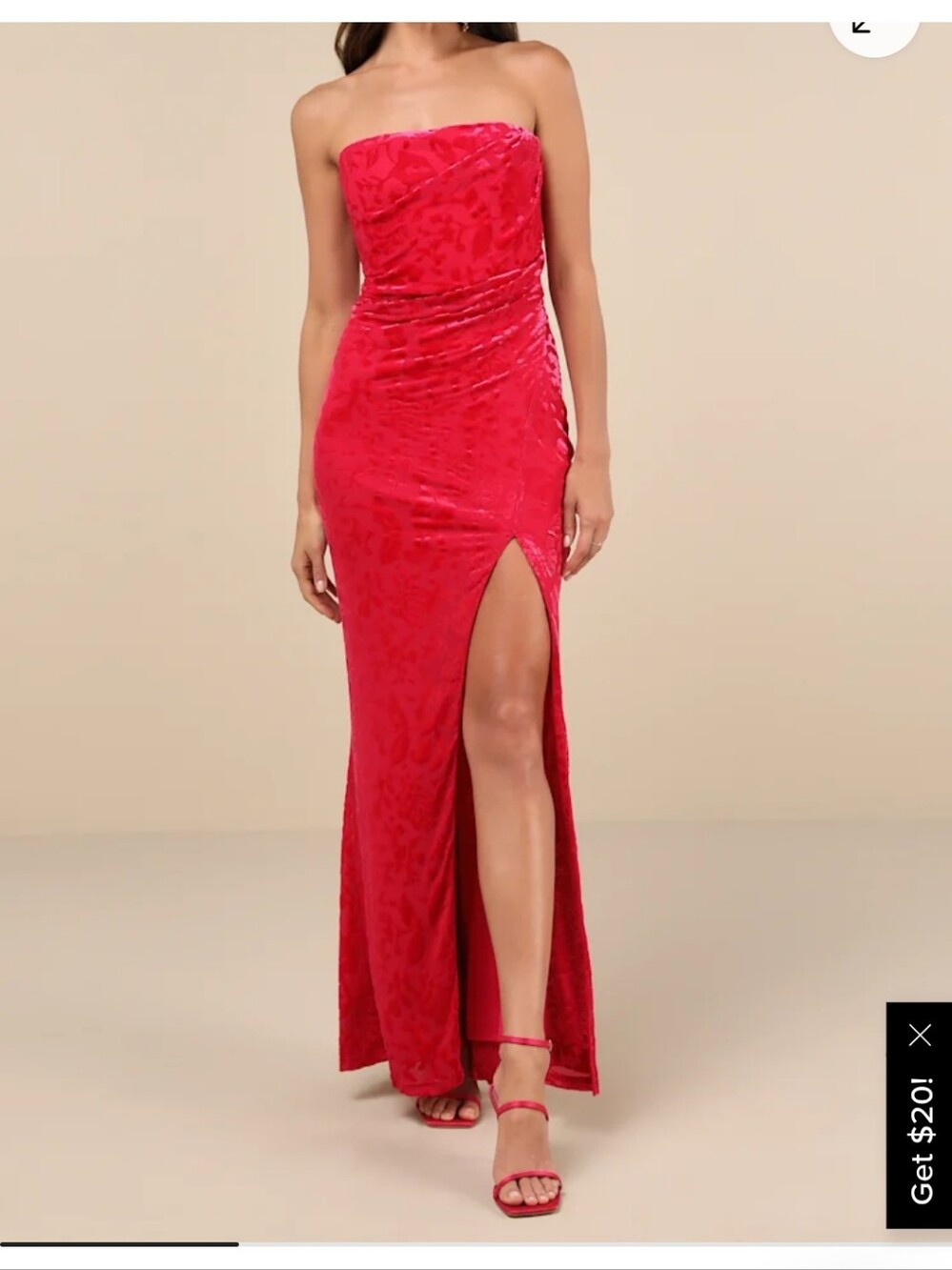 Lulus, Strapless Red Velvet Maxi Dress with Thigh Slit, XS